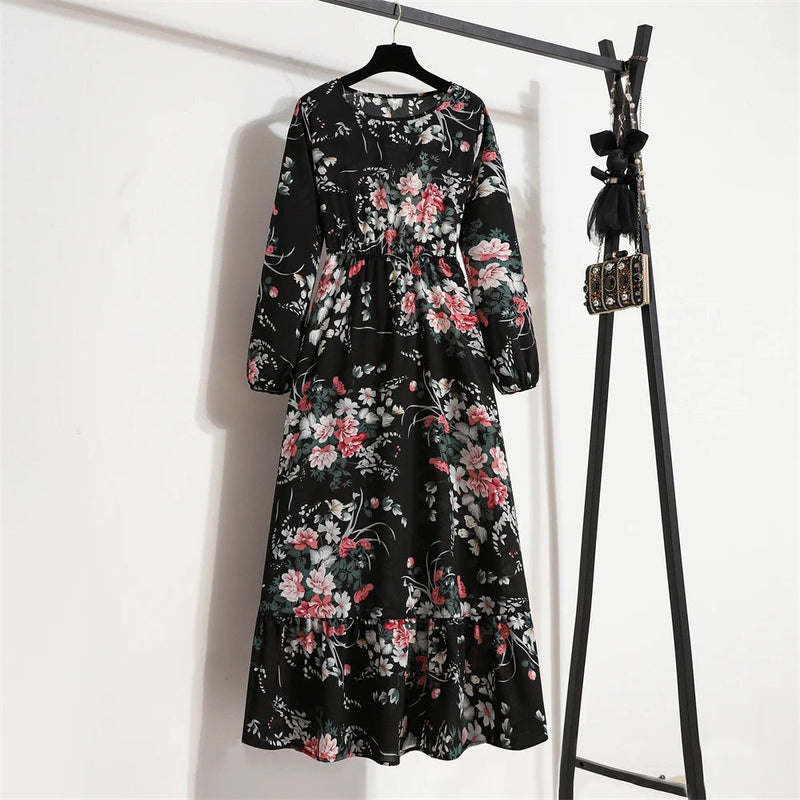 Spring Maxi Full Printed O-neck Woman Bohe Party Midi Dresses