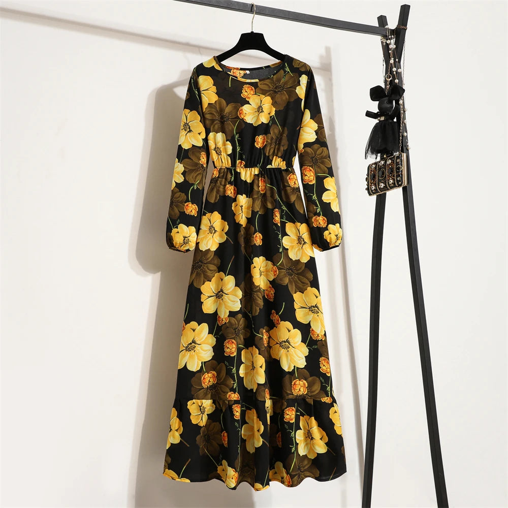 Spring Maxi Full Printed O-neck Woman Bohe Party Midi Dresses