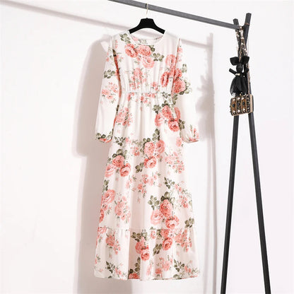 Spring Maxi Full Printed O-neck Woman Bohe Party Midi Dresses