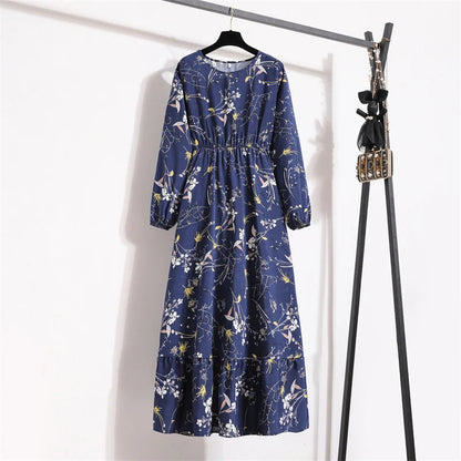 Spring Maxi Full Printed O-neck Woman Bohe Party Midi Dresses