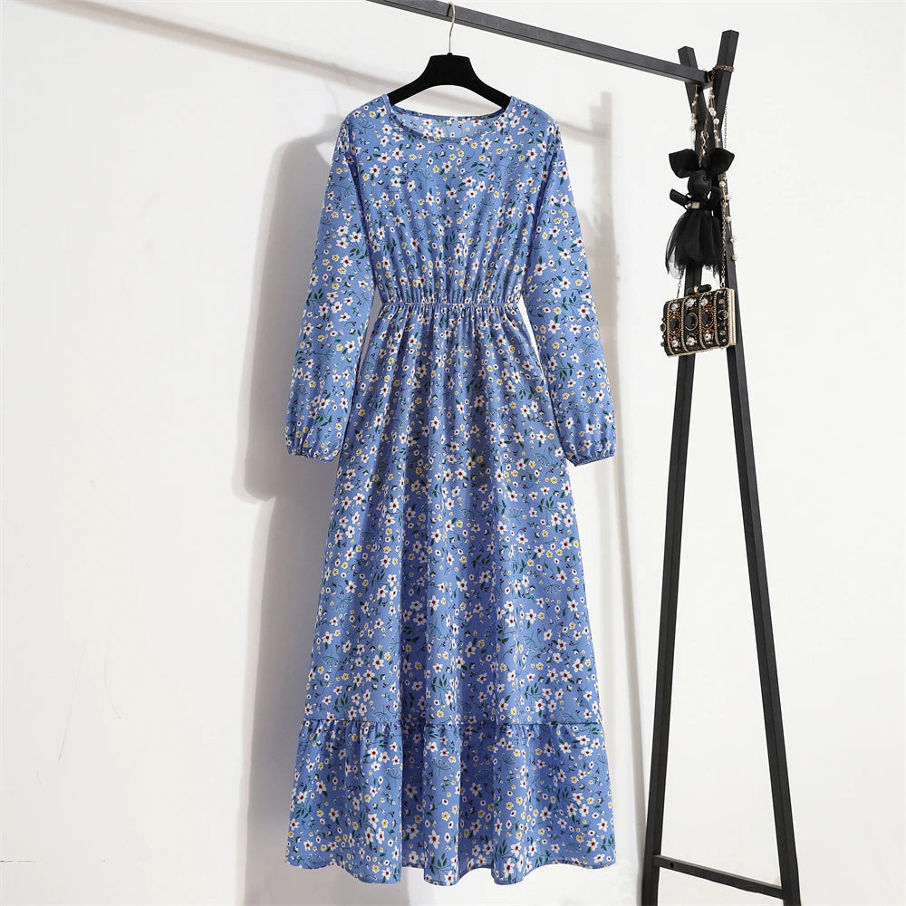 Spring Maxi Full Printed O-neck Woman Bohe Party Midi Dresses