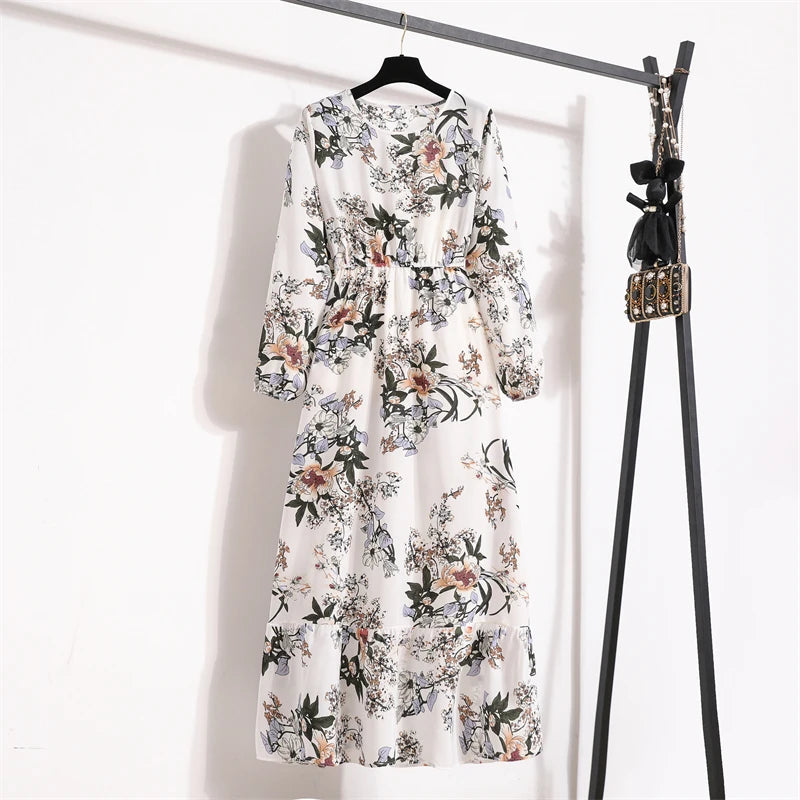 Spring Maxi Full Printed O-neck Woman Bohe Party Midi Dresses