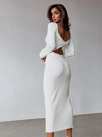 Spring Autumn Color Long Sleeved Temperament Slim Hollow Open Midi Dresses