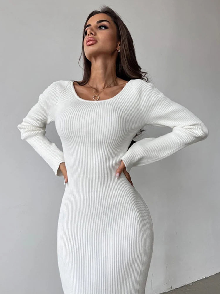 Spring Autumn Color Long Sleeved Temperament Slim Hollow Open Midi Dresses