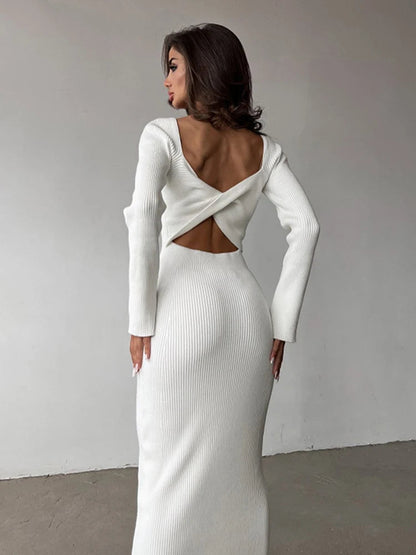 Spring Autumn Color Long Sleeved Temperament Slim Hollow Open Midi Dresses