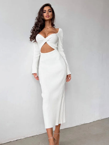 Spring Autumn Color Long Sleeved Temperament Slim Hollow Open Midi Dresses