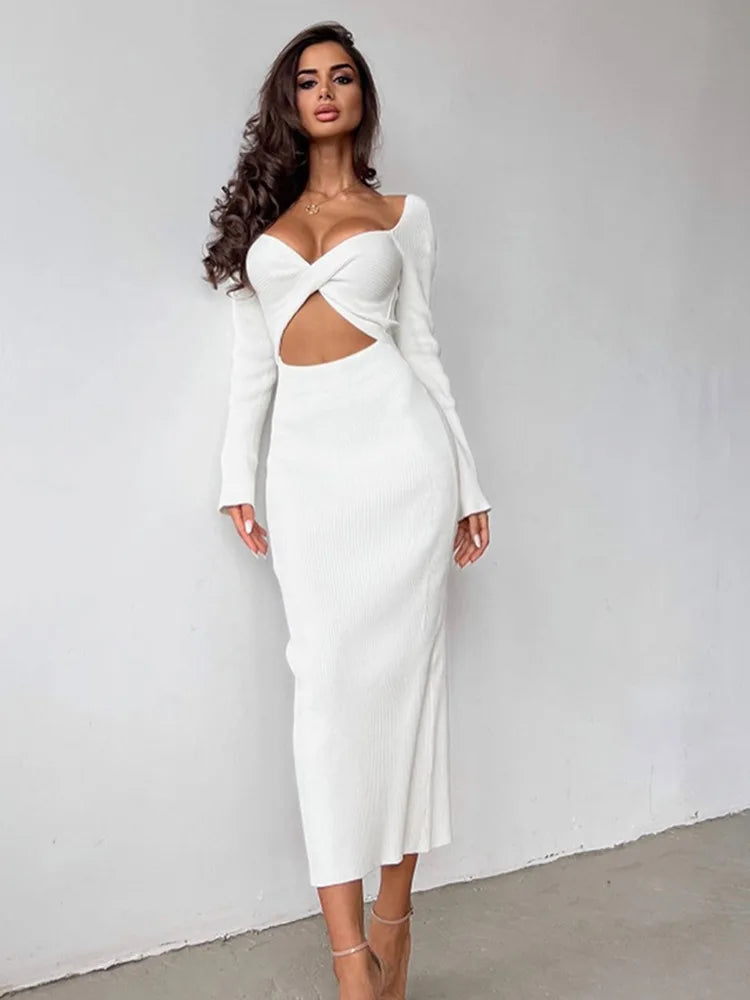 Spring Autumn Color Long Sleeved Temperament Slim Hollow Open Midi Dresses