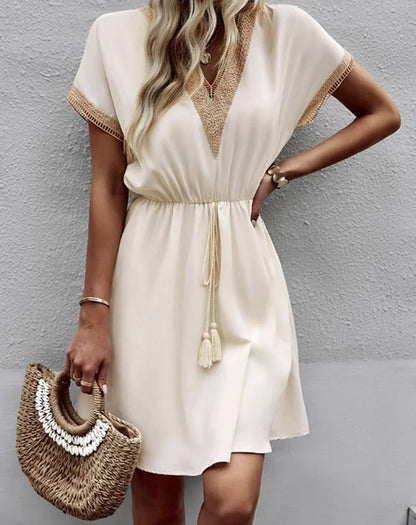 Fresh Sweet Short Lace V-neck Waist Panel Skirt Midi Dresses
