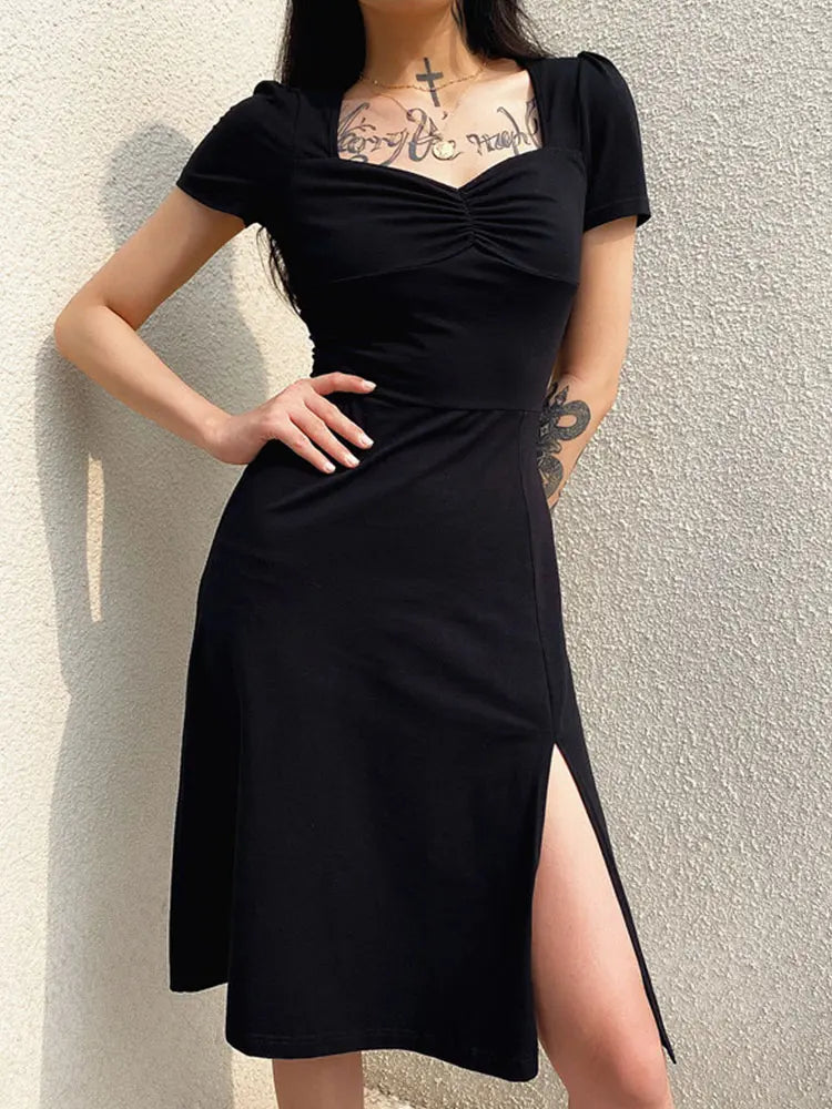 Square Ruched Black Side Split Gothic Sun New Midi Dresses