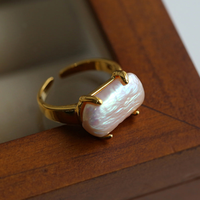 Square Baroque Pearl Ring With Adjustable Opening