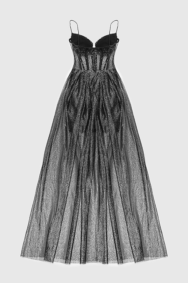 Strappy Draped Rhinestone Tulle Corset Maxi Dress in Black