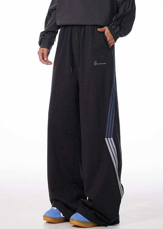 Striped Black Pockets Warm Fleece Pants Elastic Waist Spring Rm060