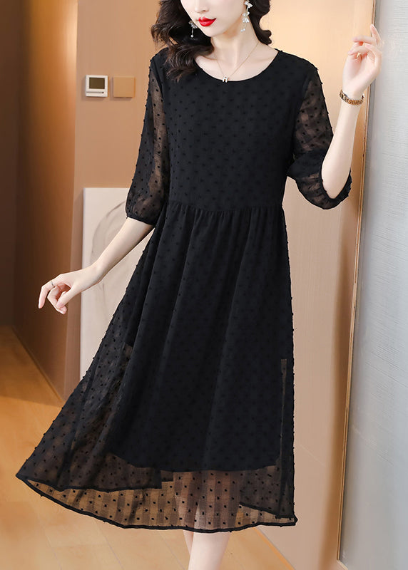 Style Black O Neck Jacquard Chiffon Long Dresses Lantern Sleeve Bb010
