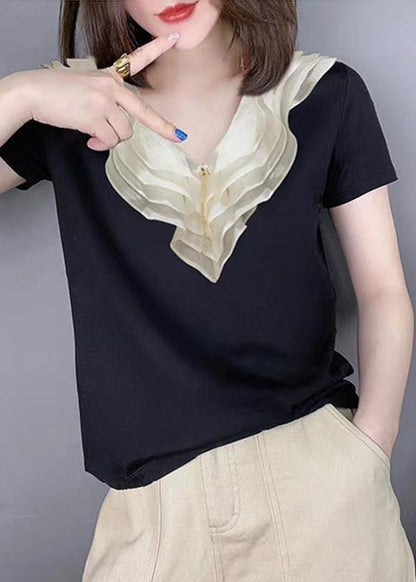 Style Black V Neck Ruffled Patchwork Silk Blouse Tops Summer Bv012