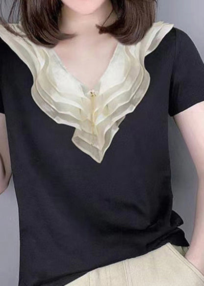 Style Black V Neck Ruffled Patchwork Silk Blouse Tops Summer Bv012