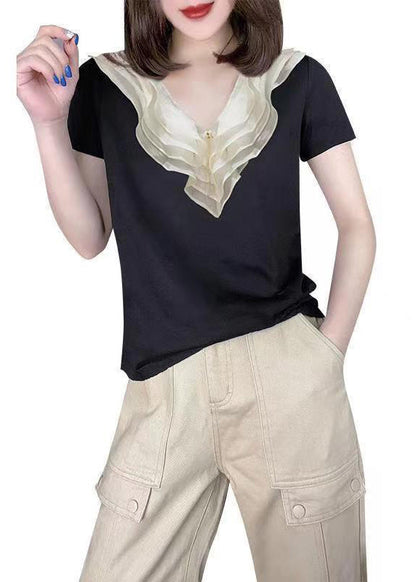 Style Black V Neck Ruffled Patchwork Silk Blouse Tops Summer Bv012