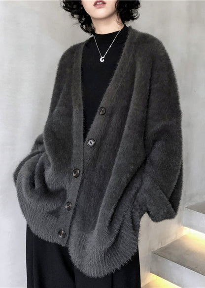Style Blackish Green V Neck Mink Hair Knitted Cardigan Winter Rl008