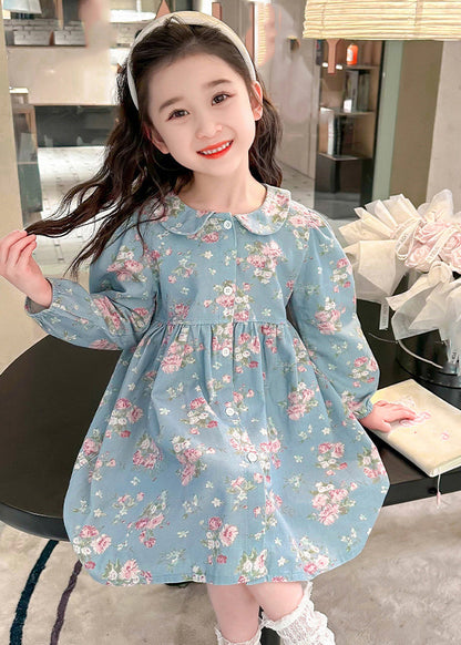 Style Blue Peter Pan Collar Patchwork Kids Maxi Dress Fall Ss1043