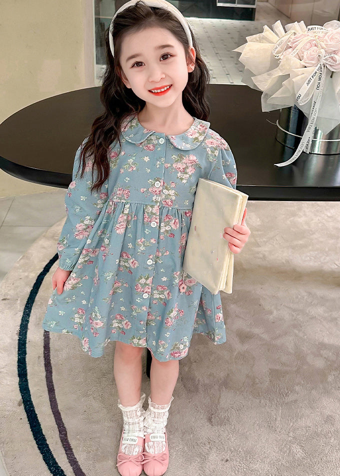 Style Blue Peter Pan Collar Patchwork Kids Maxi Dress Fall Ss1043