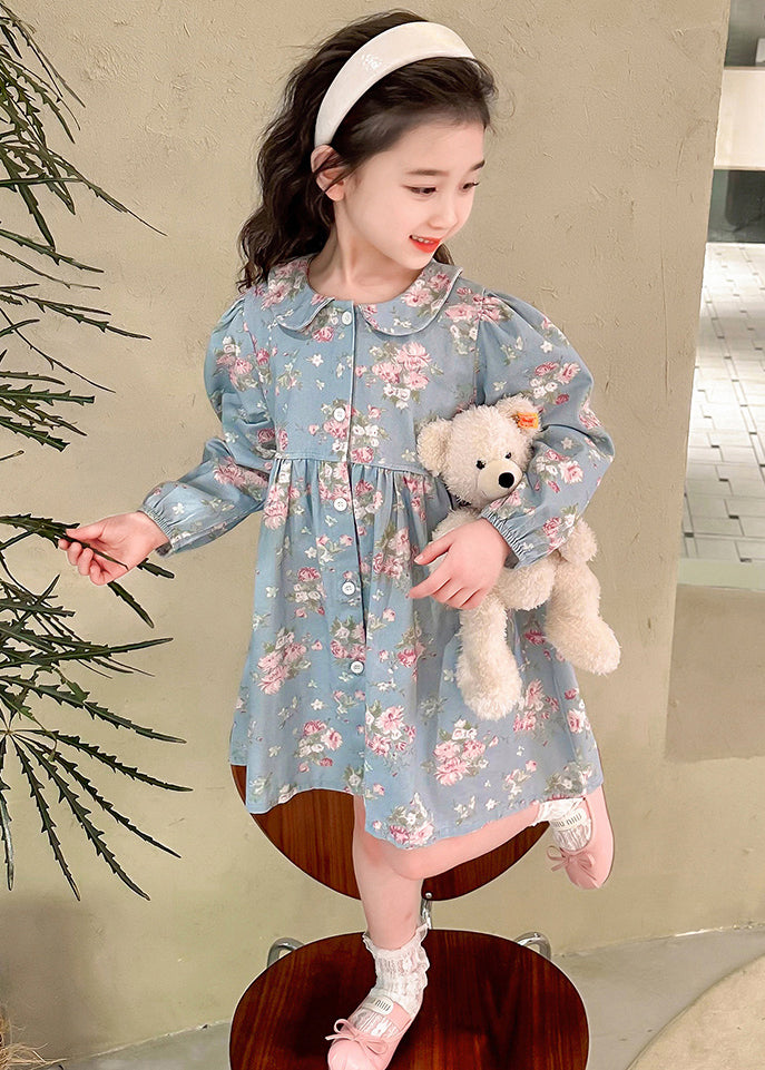 Style Blue Peter Pan Collar Patchwork Kids Maxi Dress Fall Ss1043