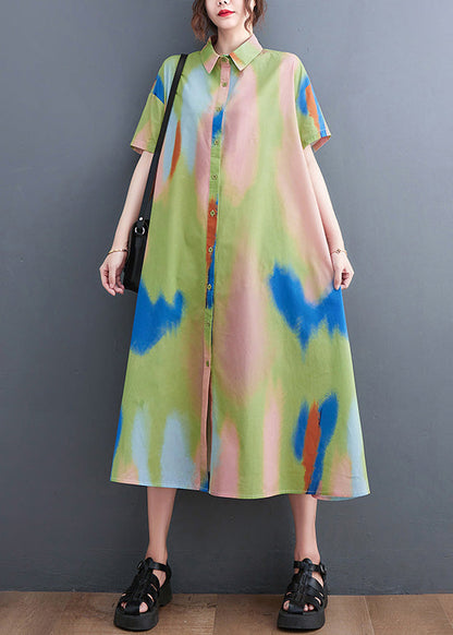 Style Blue Peter Pan Collar Print Button Long Dress Shirts Short Sleeve Ly0651