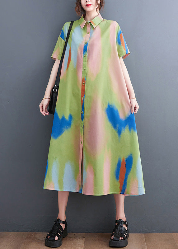 Style Blue Peter Pan Collar Print Button Long Dress Shirts Short Sleeve Ac2075