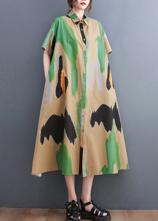 Style Blue Peter Pan Collar Print Button Long Dress Shirts Short Sleeve Ly0651