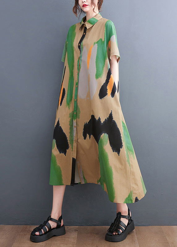 Style Blue Peter Pan Collar Print Button Long Dress Shirts Short Sleeve Ly0651
