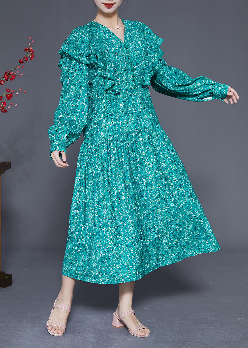 Style Blue Ruffles Patchwork Exra Large Hem Long Dress Spring Ly1837