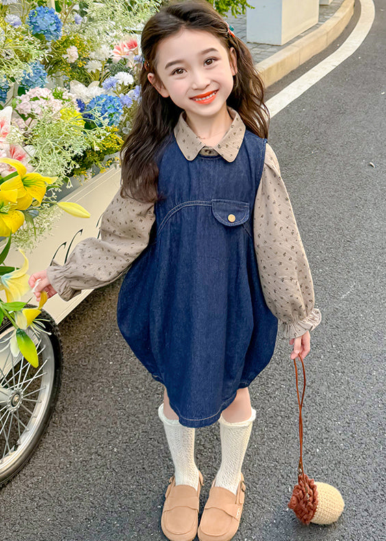 Style Denim Blue Print Patchwork Kids Long Dresses Lantern Sleeve Tv032