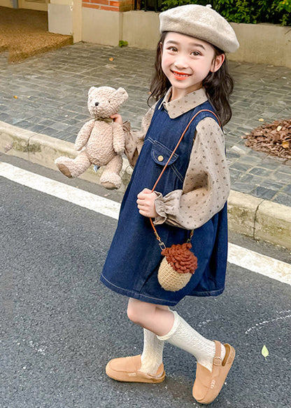 Style Denim Blue Print Patchwork Kids Long Dresses Lantern Sleeve Tv032