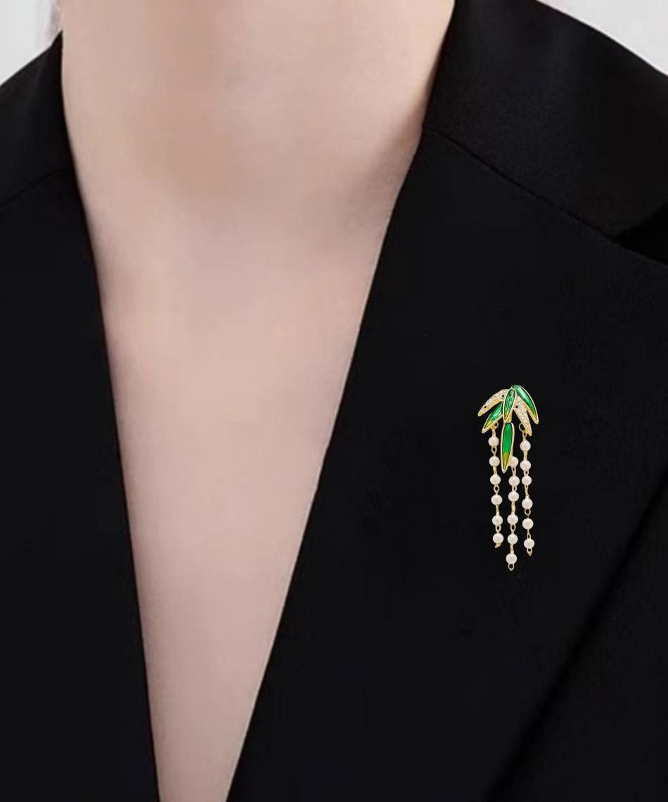 Style Green Alloy Zircon Bamboo Leaf Pearl Tassel Brooches