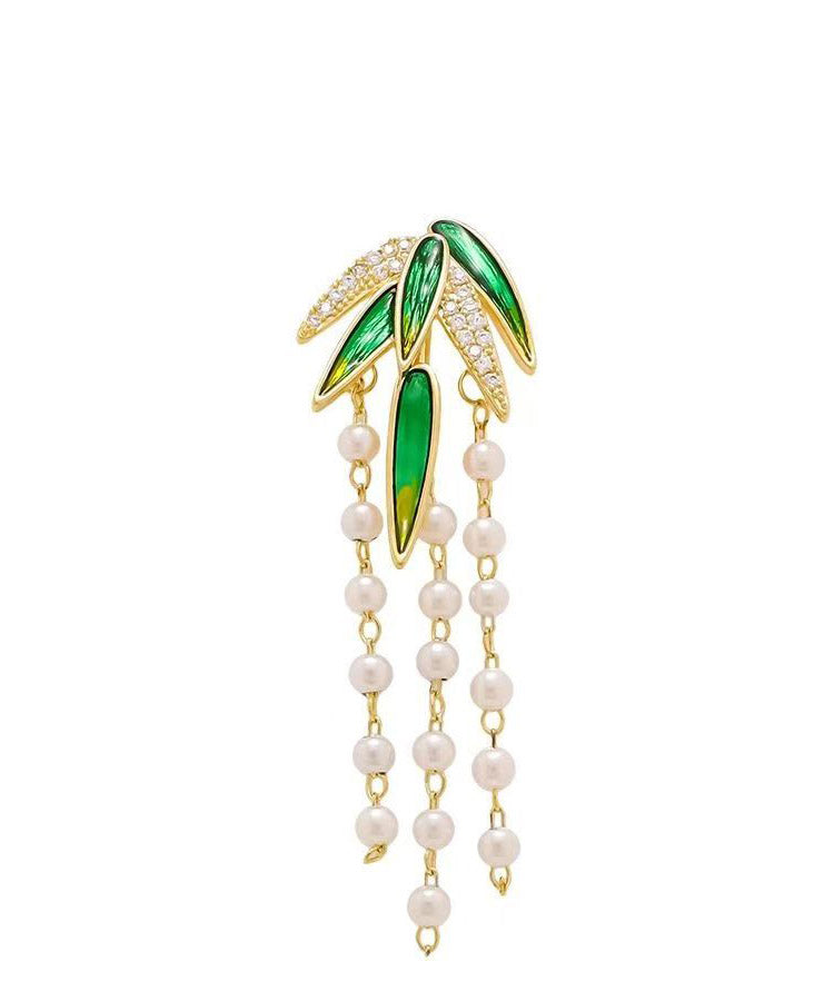 Style Green Alloy Zircon Bamboo Leaf Pearl Tassel Brooches