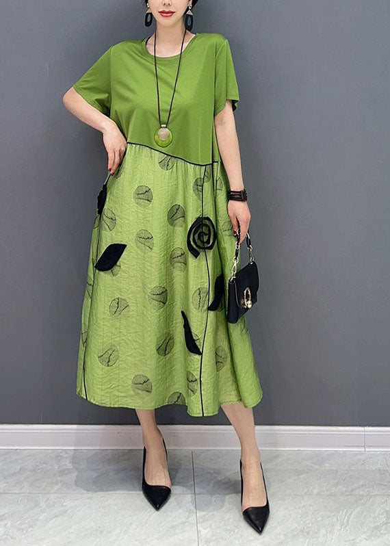 Style Green O-neck Patchwork Cotton Long Dress Summer Ly1574