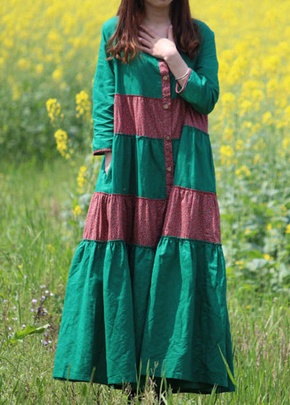 Style Green Print Pockets Maxi Dress Long Sleeve Vb1029