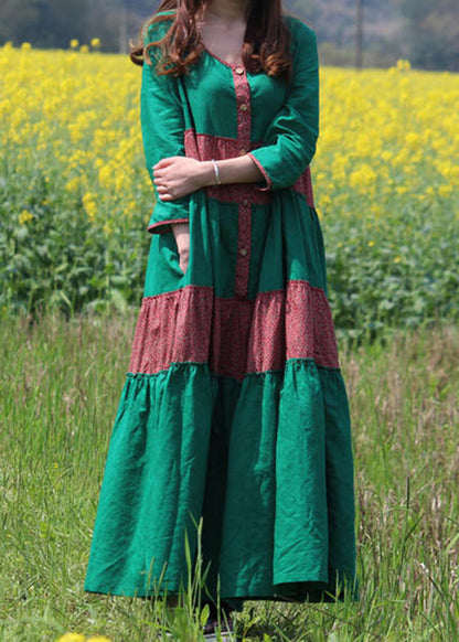 Style Green Print Pockets Maxi Dress Long Sleeve Vb1029
