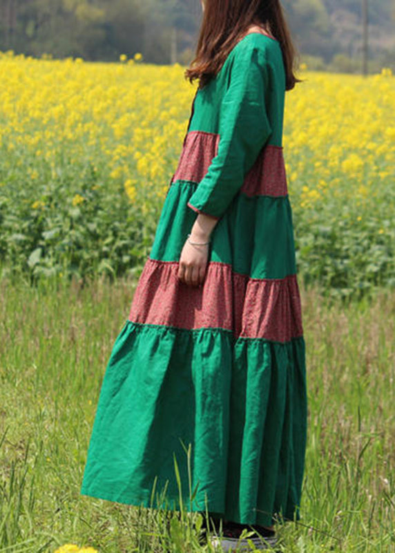 Style Green Print Pockets Maxi Dress Long Sleeve Vb1029