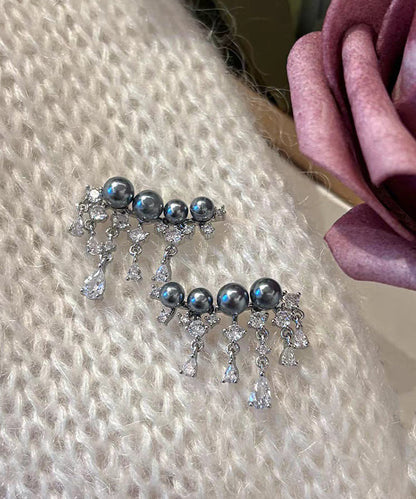 Style Grey Sterling Silver Zircon Arc Pearl Tassel Stud Earrings