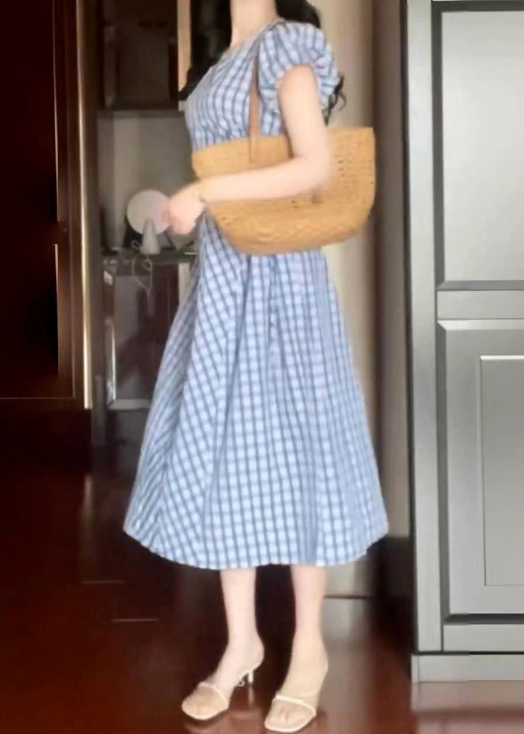 Style Light Blue O-neck Plaid Tie Waist Long Dress Short Sleeve Az1023
