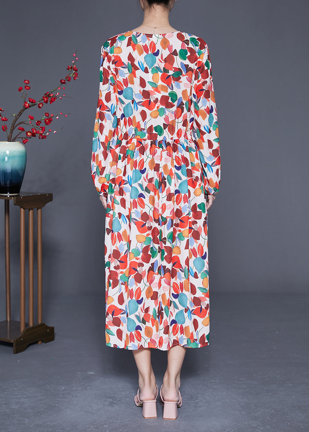 Style Orange V Neck Tie Waist Print Chiffon Maxi Dresses Spring Ly1850