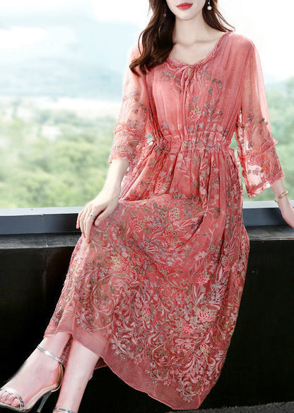 Style Pink O-neck Cinched Embroideried Silk Maxi Dress Bracelet Sleeve Ac3041