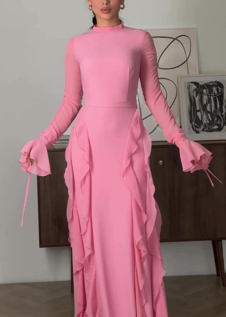 Style Pink Ruffled Patchwork Chiffon Long Dress Fall Ql039