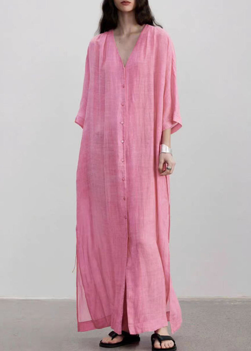 Style Pink V Neck Button Lace Up Linen Long Dress Summer Ap079