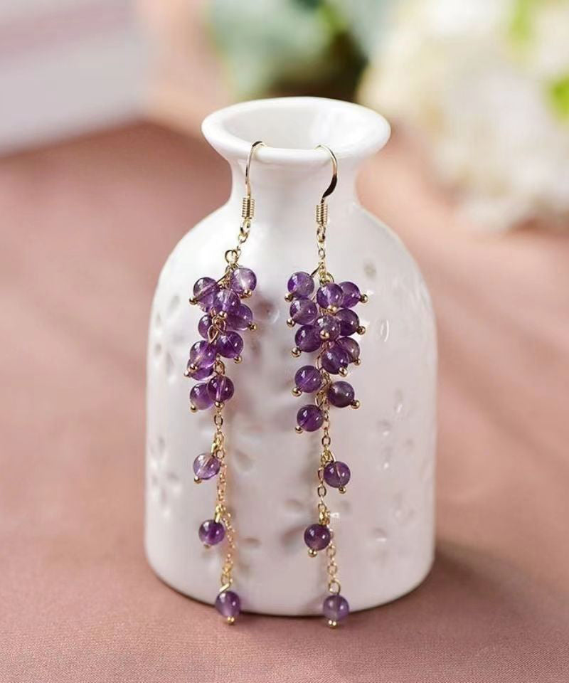 Style Purple Crystal Tassel 14k Gold Drop Earrings