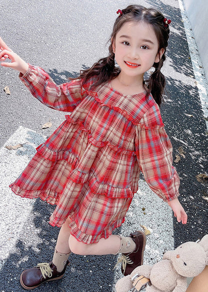 Style Red O-neck Plaid Patchwork Maxi Dress Long Sleeve Ss1046