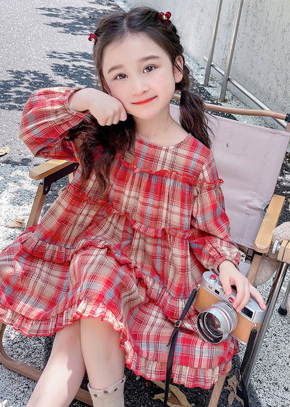Style Red O-neck Plaid Patchwork Maxi Dress Long Sleeve Ss1046