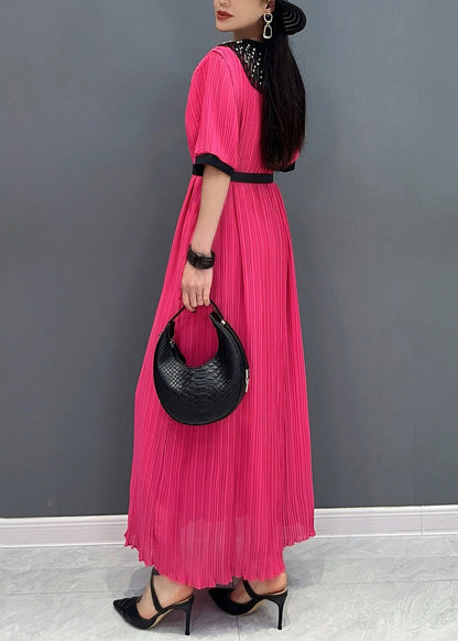 Style Red O-neck Wrinkled Long Dress Short Sleeve Ao1023