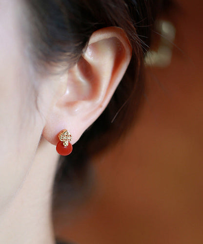 Style Red Sterling Silver Overgild Agate Stud Earrings Df1015