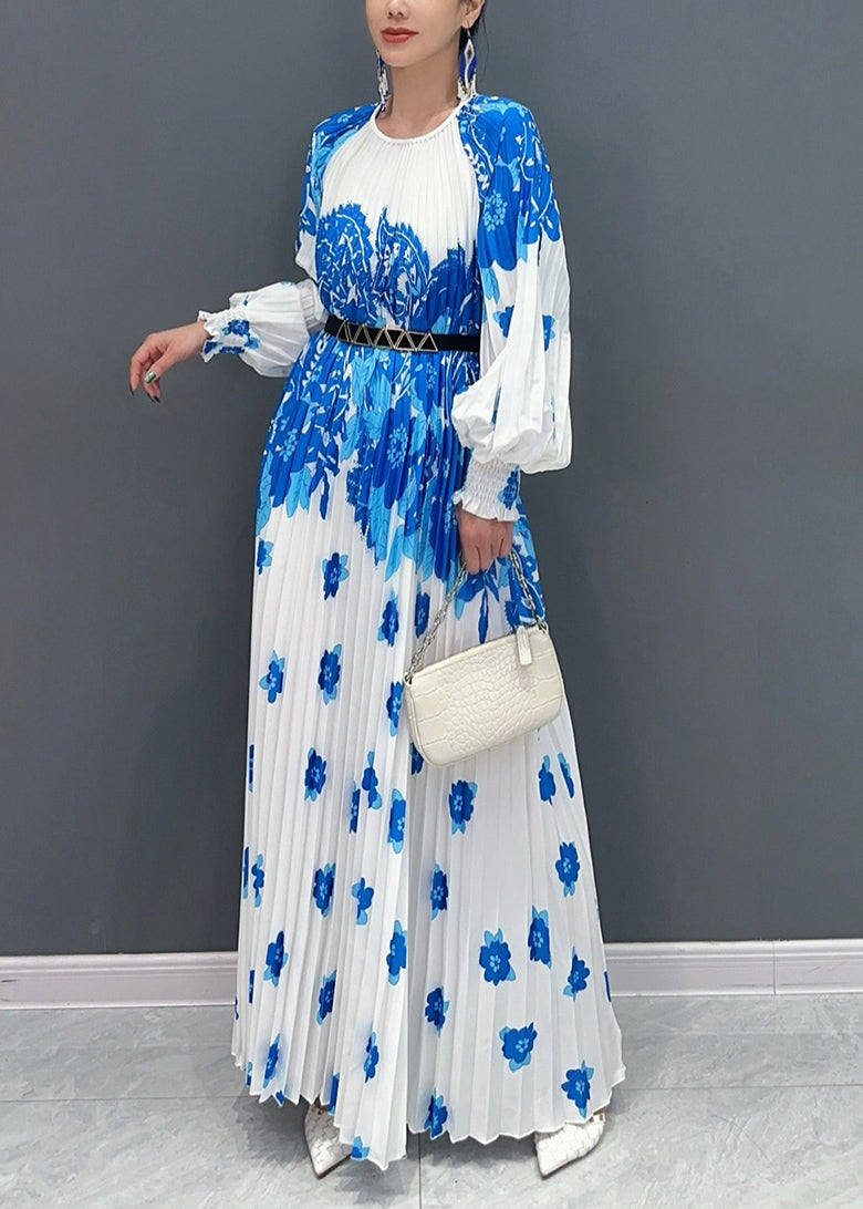 Style White Blue O Neck Print Wrinkled Long Dresses Petal Sleeve Ao1001
