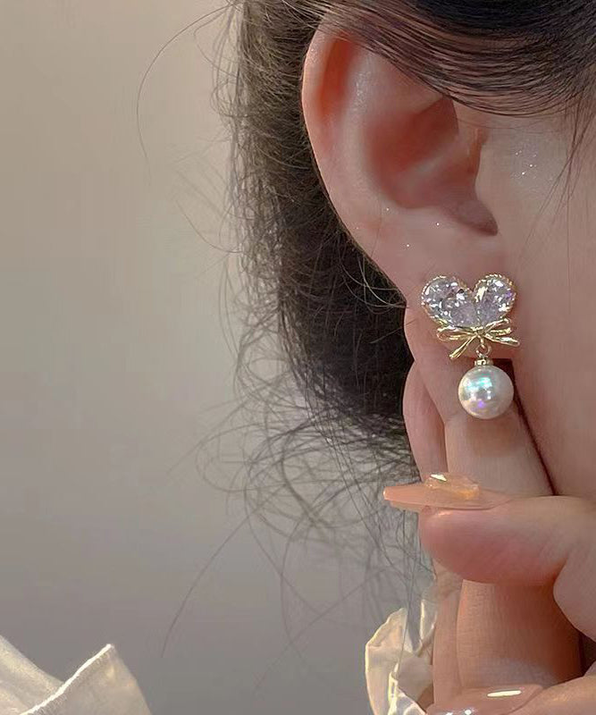 Style White Copper Alloy Zircon Pearl Love Bow Tassel Drop Earrings